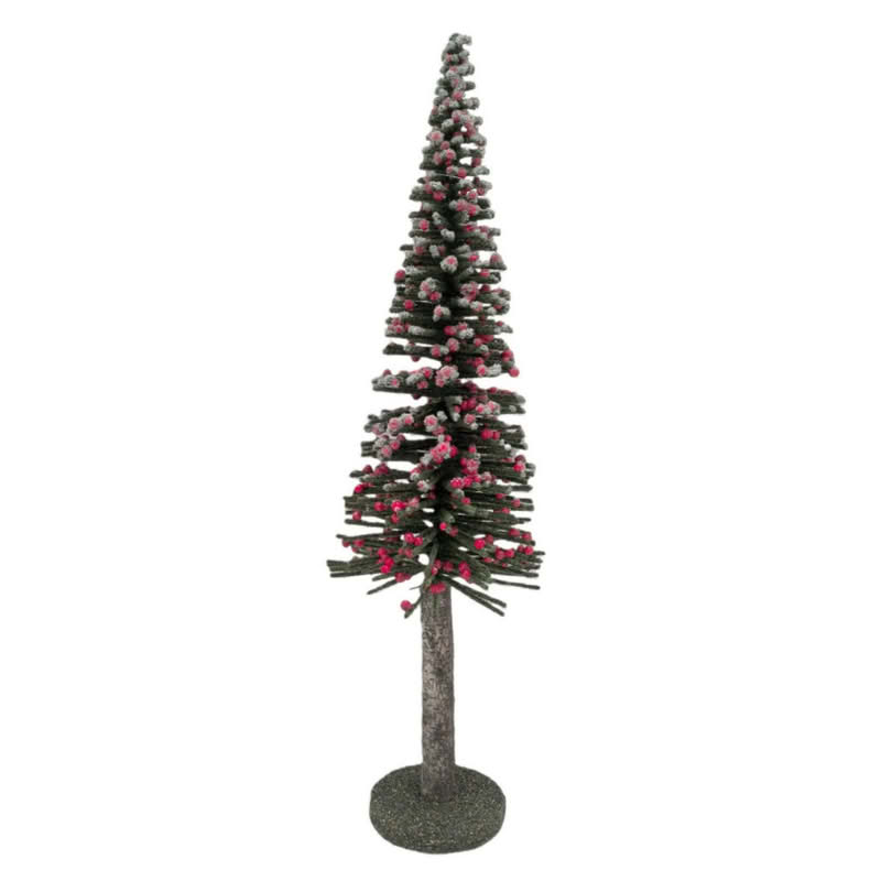 Pino verde con palline rosse, neve e base, perfetto come decorazione di Natale